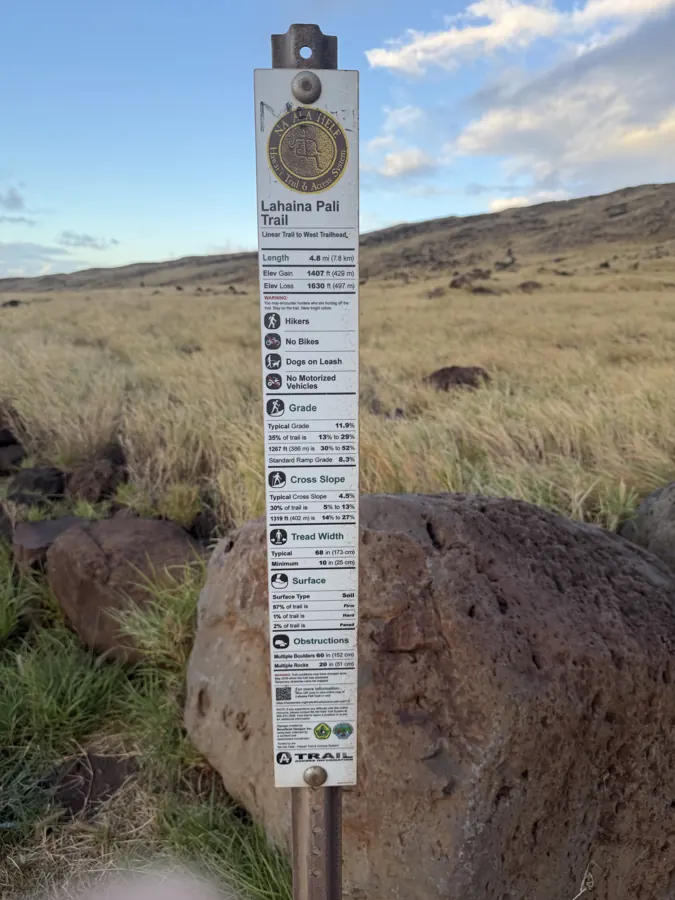 Trail info post at the East trailhead, with distance and elevation to the West Trailhead.