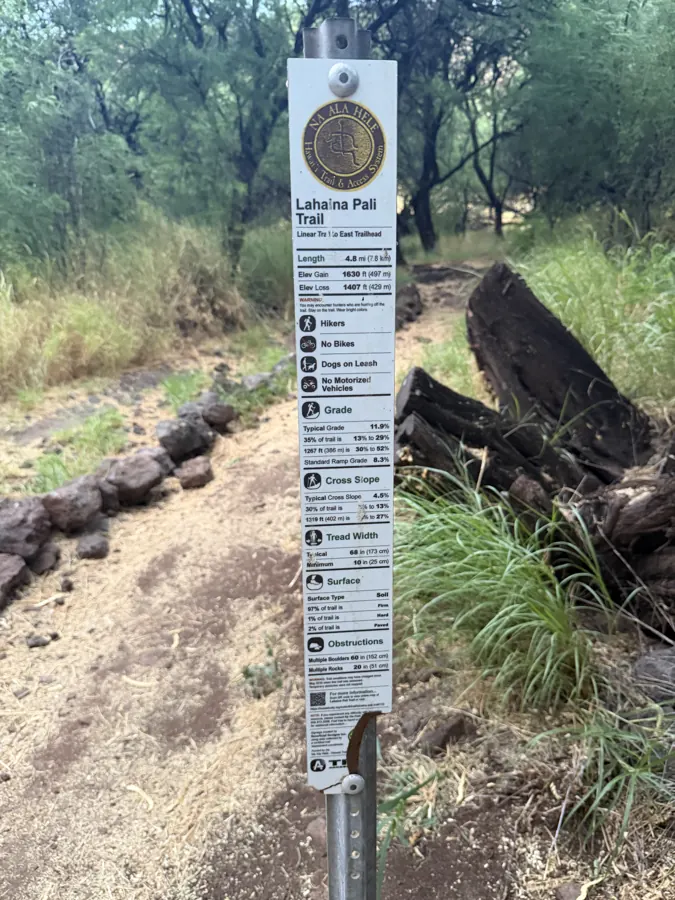 Trailhead sign at the Ukumehame (West) end, right at the start.