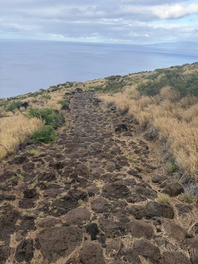 Heading back down the rocky ridge trail toward the coast.